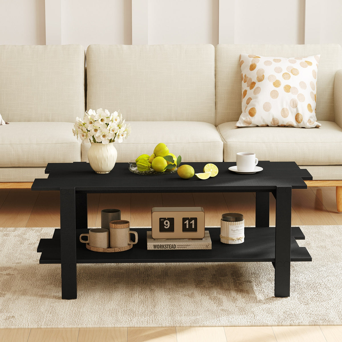 2-Tier Slatted Wood Coffee Table With Storage Shelf, Black Coffee Tables at Gallery Canada
