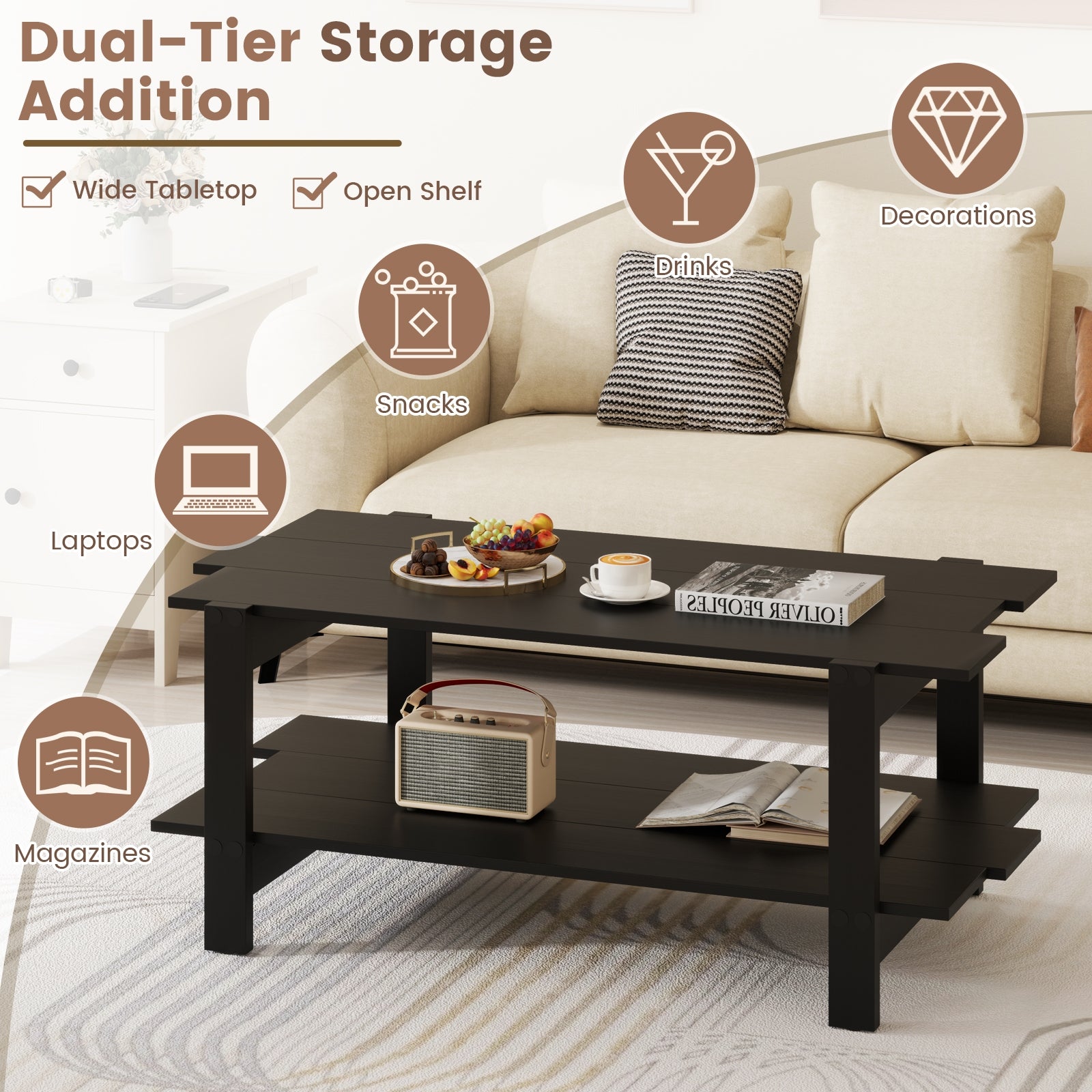 2-Tier Slatted Wood Coffee Table With Storage Shelf, Black Coffee Tables at Gallery Canada