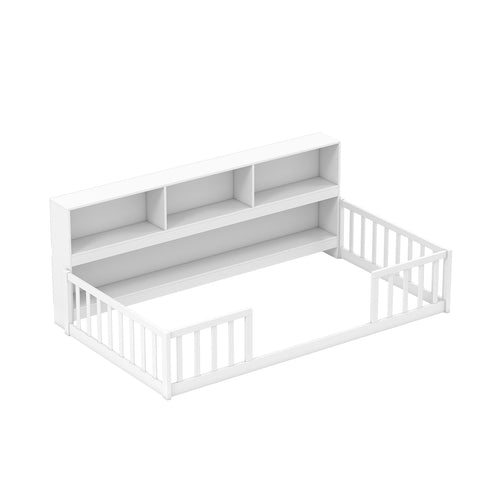 Twin Size Montessori Floor Bed With Bookcase, White