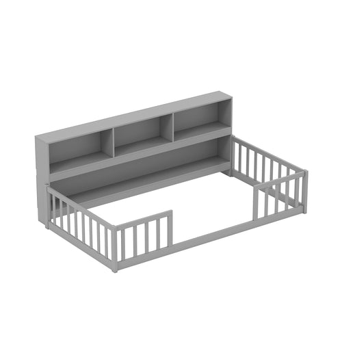 Twin Size Montessori Floor Bed, With Bookcase, Gray