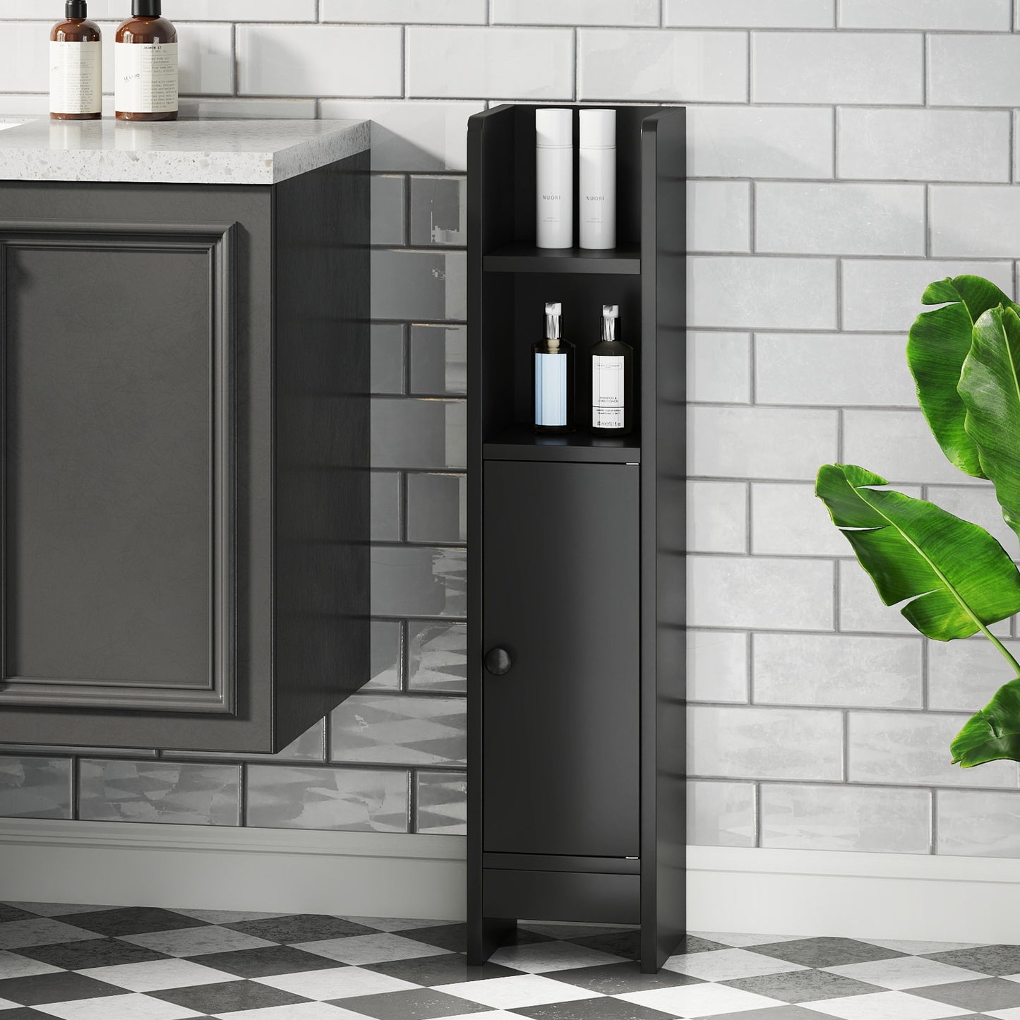 Slim Corner Bathroom Cabinet With Door, Adjustable Shelf, Black Floor Cabinets at Gallery Canada