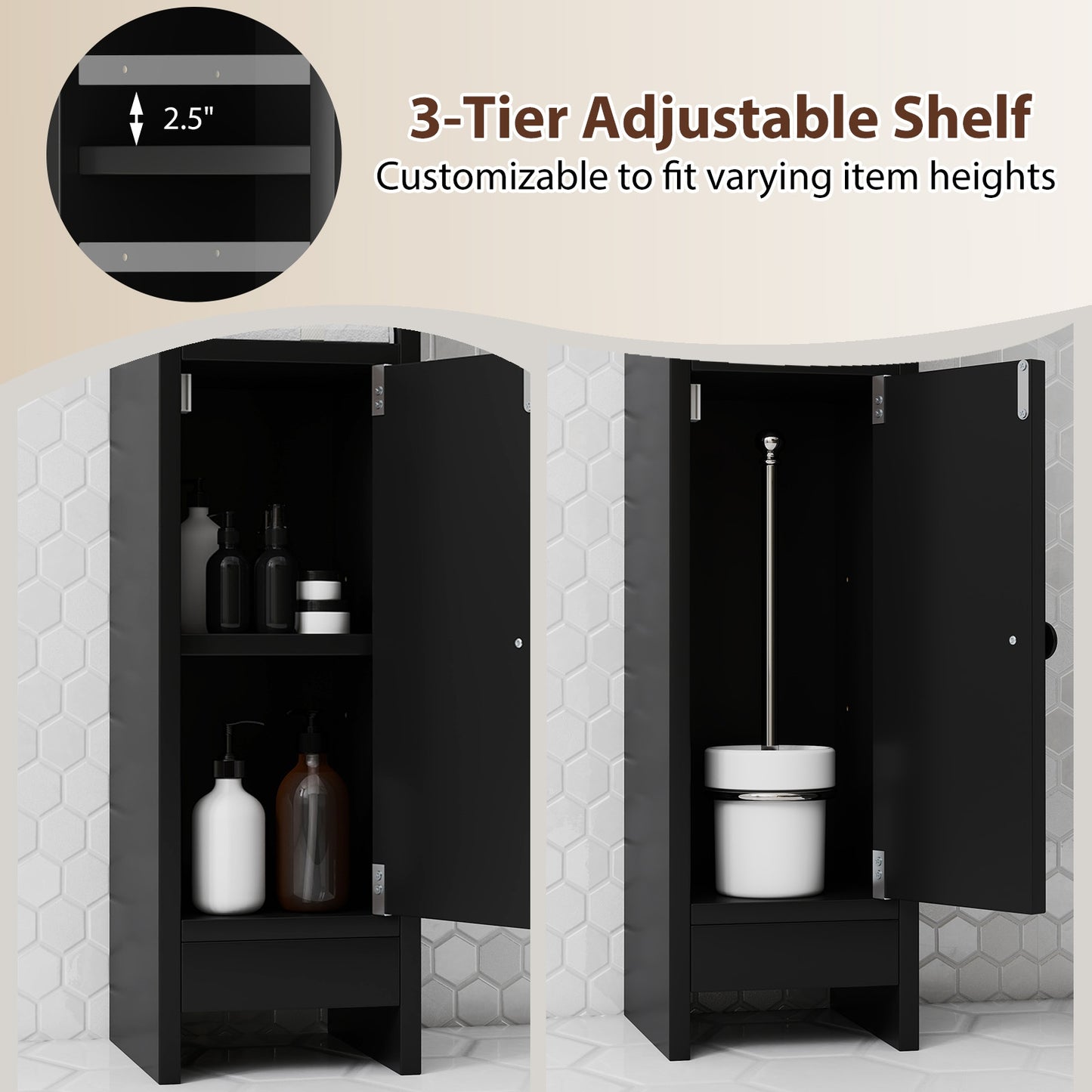 Slim Corner Bathroom Cabinet With Door, Adjustable Shelf, Black Floor Cabinets at Gallery Canada
