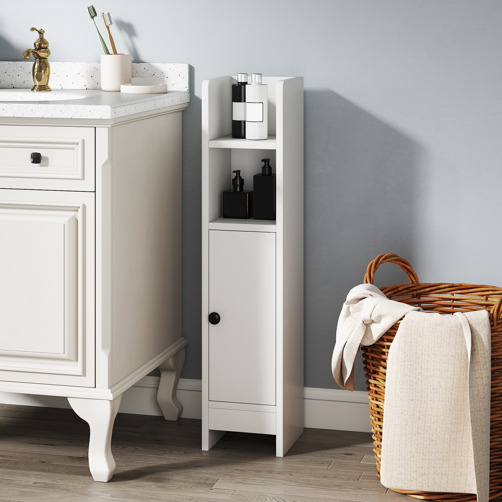 Slim Corner Bathroom Cabinet With Door, Adjustable Shelf, White Floor Cabinets at Gallery Canada