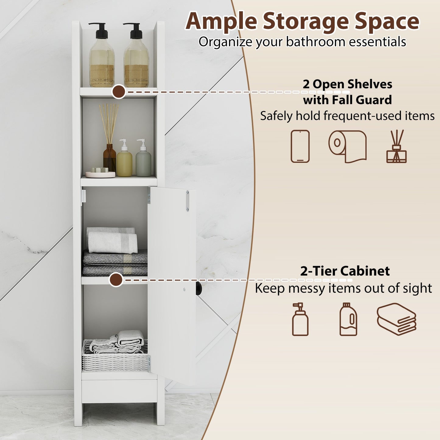 Slim Corner Bathroom Cabinet With Door, Adjustable Shelf, White Floor Cabinets at Gallery Canada