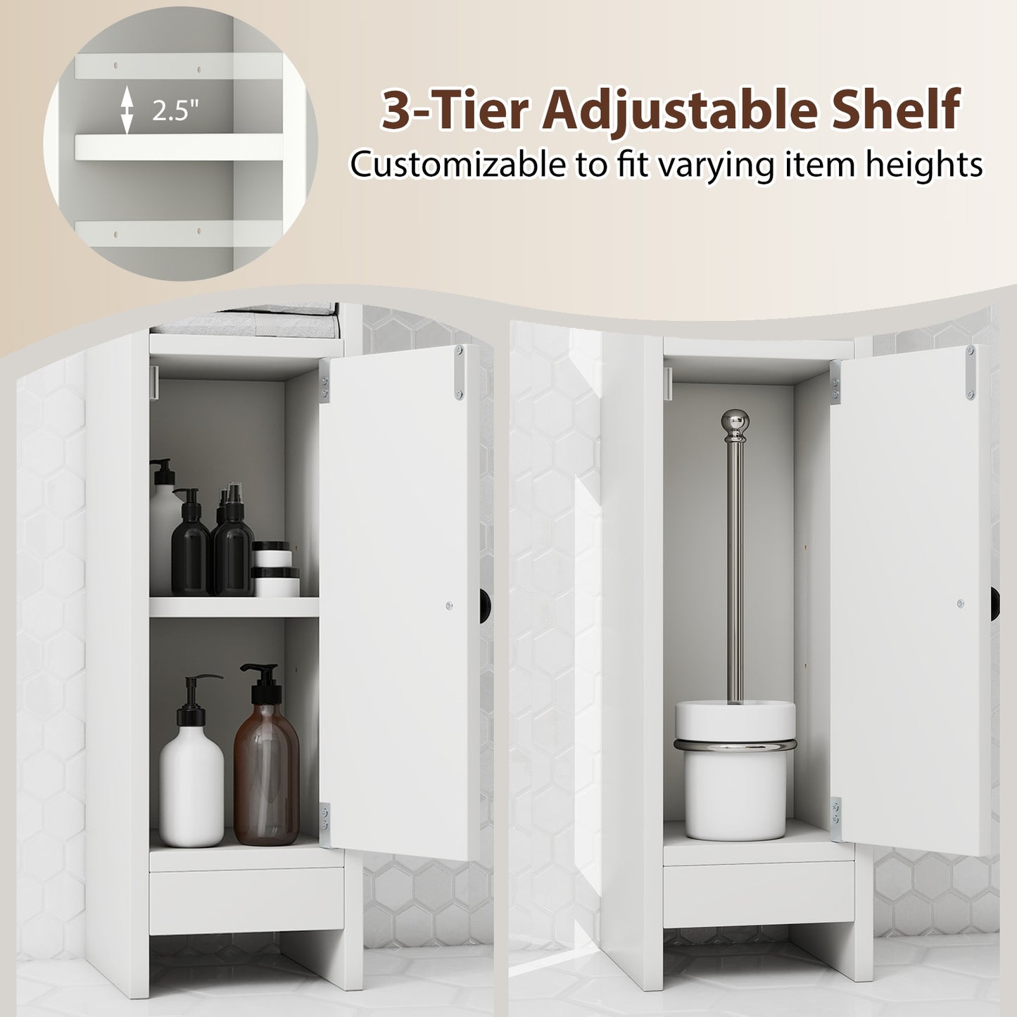Slim Corner Bathroom Cabinet With Door, Adjustable Shelf, White Floor Cabinets at Gallery Canada