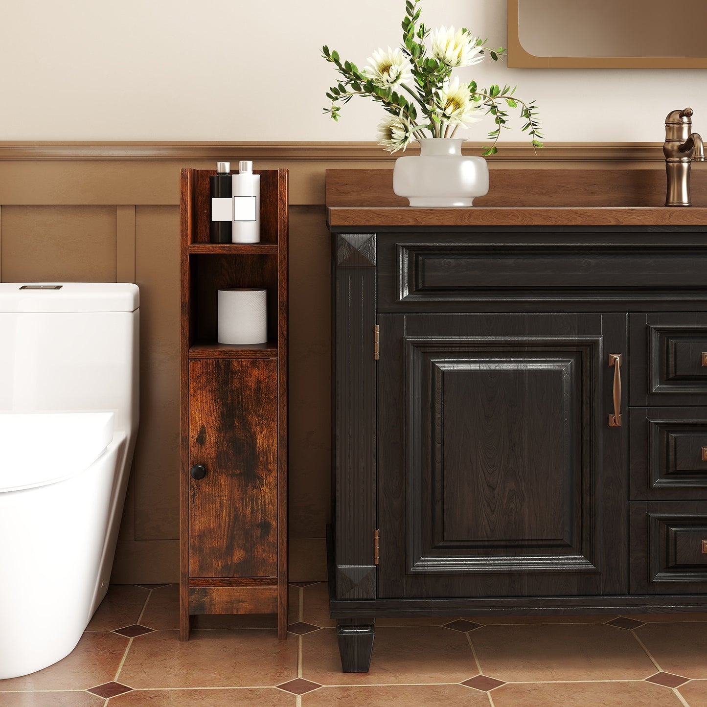 Slim Corner Bathroom Cabinet With Door, Adjustable Shelf, Coffee Floor Cabinets at Gallery Canada