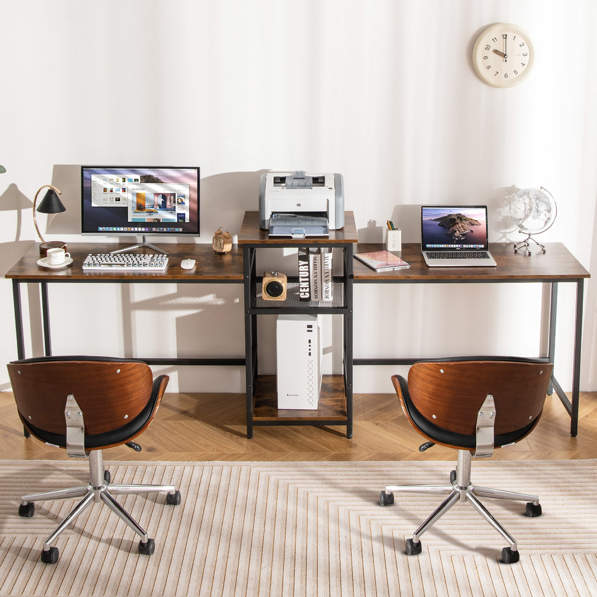 2-Person Computer Desk With Power Outlet, Printer Stand, Brown Computer Desks at Gallery Canada