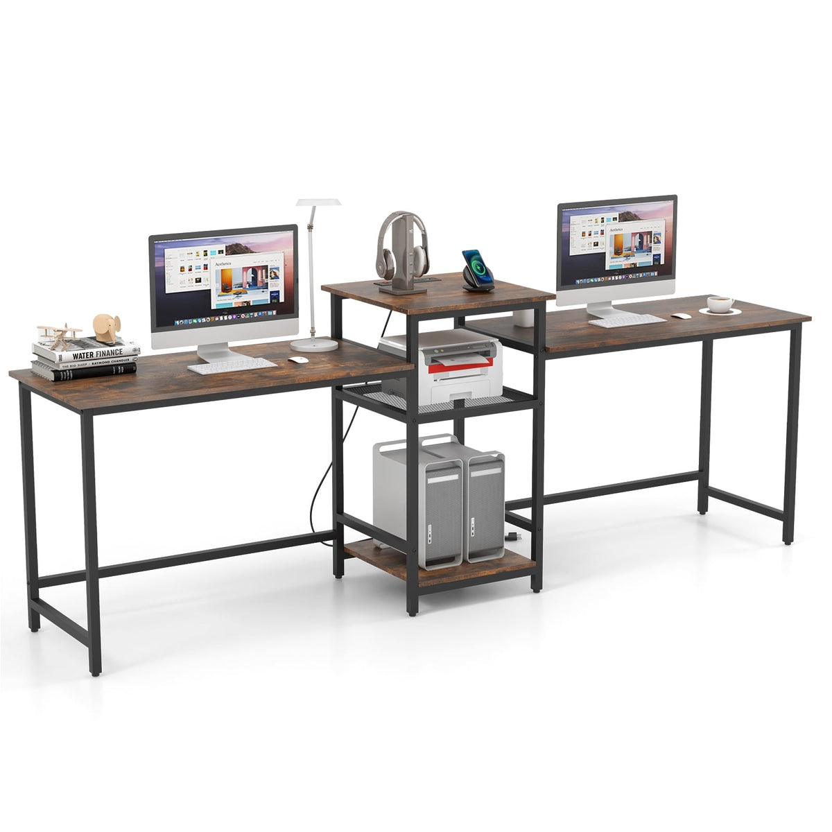 2-Person Computer Desk With Power Outlet, Printer Stand, Brown Computer Desks Rustic Brown at Gallery Canada