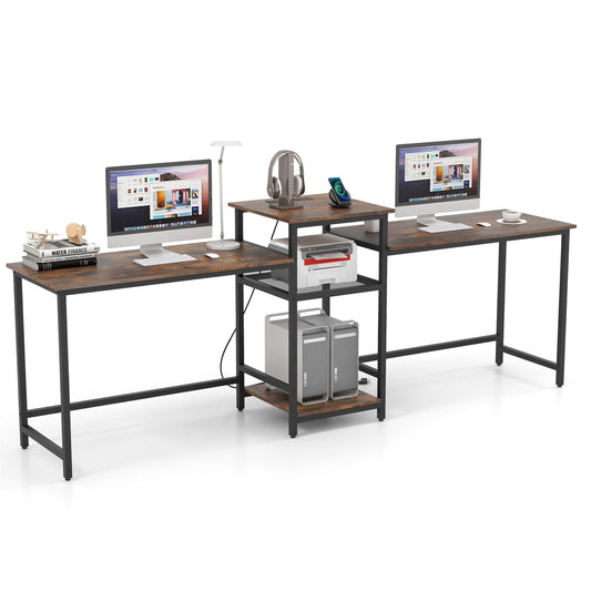 2-Person Computer Desk With Power Outlet, Printer Stand, Brown Computer Desks Rustic Brown at Gallery Canada