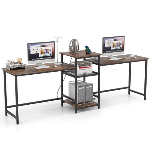 2-Person Computer Desk With Power Outlet, Printer Stand, Brown
