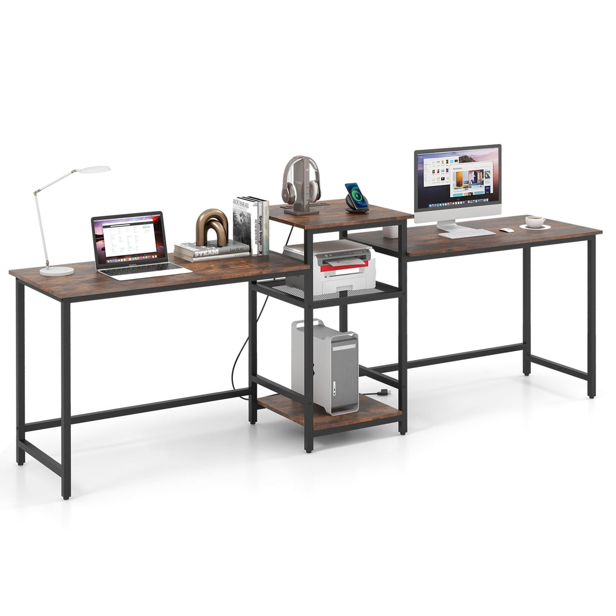 2-Person Computer Desk With Power Outlet, Printer Stand, Brown Computer Desks at Gallery Canada