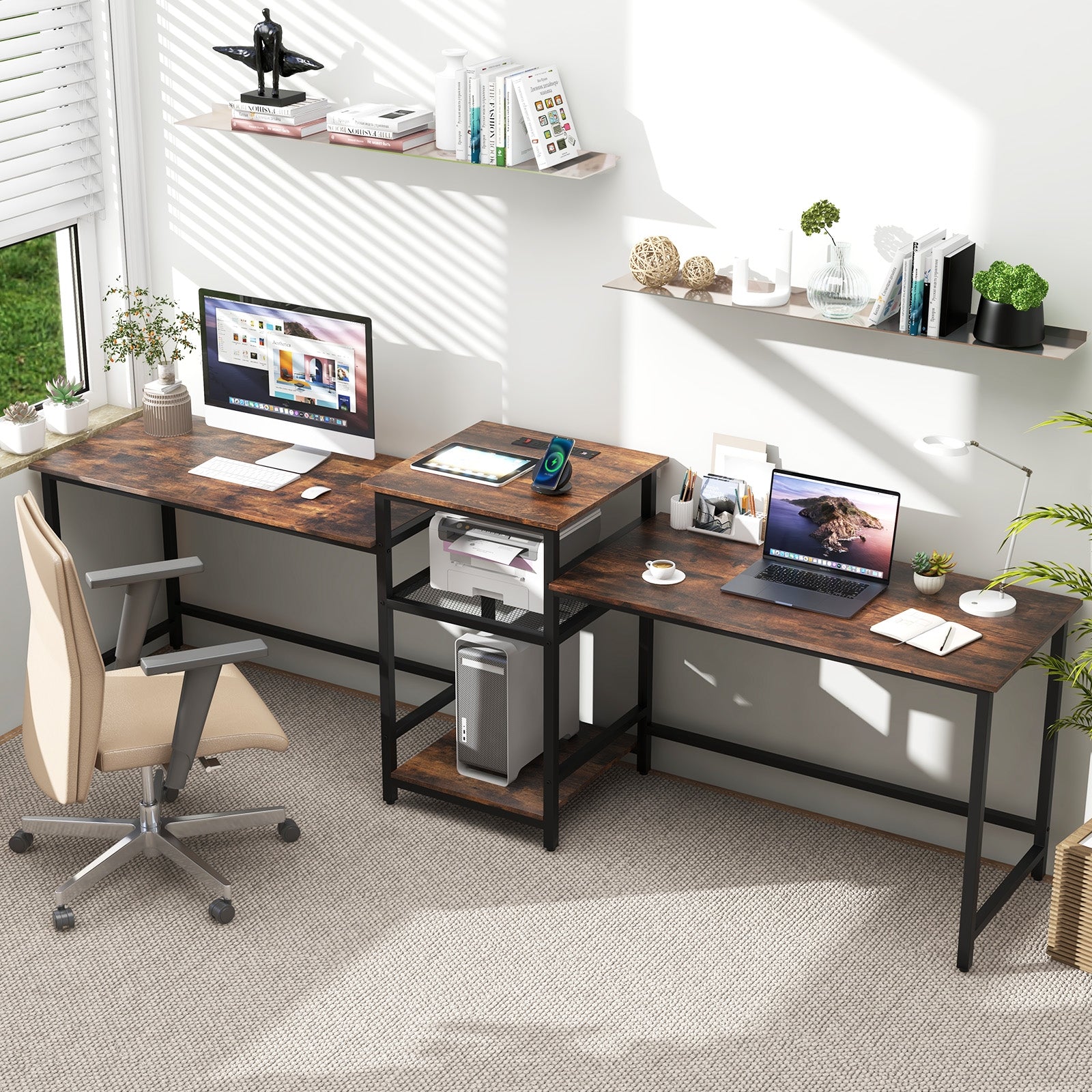 2-Person Computer Desk With Power Outlet, Printer Stand, Brown Computer Desks at Gallery Canada