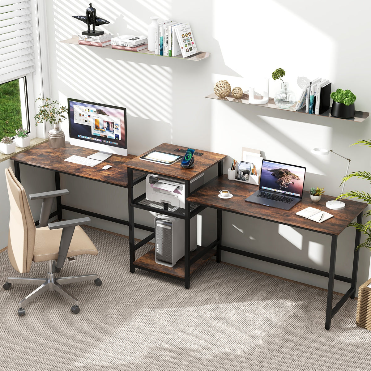 2-Person Computer Desk With Power Outlet, Printer Stand, Brown Computer Desks at Gallery Canada