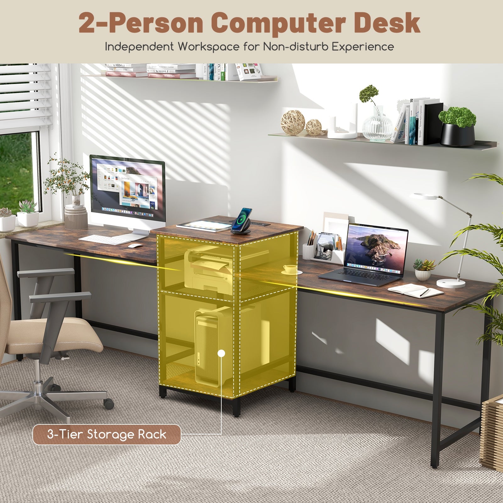 2-Person Computer Desk With Power Outlet, Printer Stand, Brown Computer Desks at Gallery Canada
