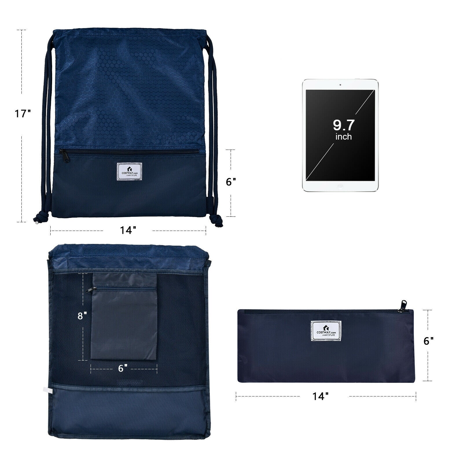 Drawstring Backpack String Bag Foldable Sports Sack with Zipper Pocket, Dark Blue Camping at Gallery Canada