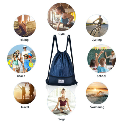 Drawstring Backpack String Bag Foldable Sports Sack with Zipper Pocket, Dark Blue Camping at Gallery Canada