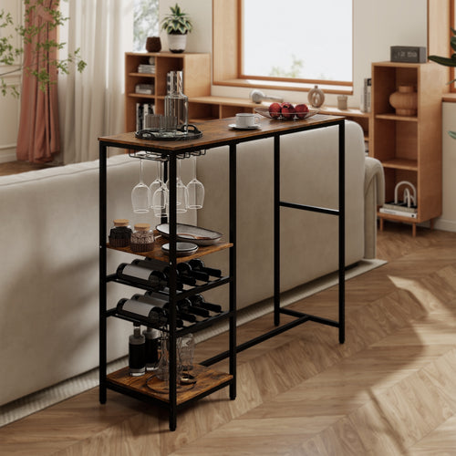 Long Bar Table With Storage Shelves, Rustic Brown