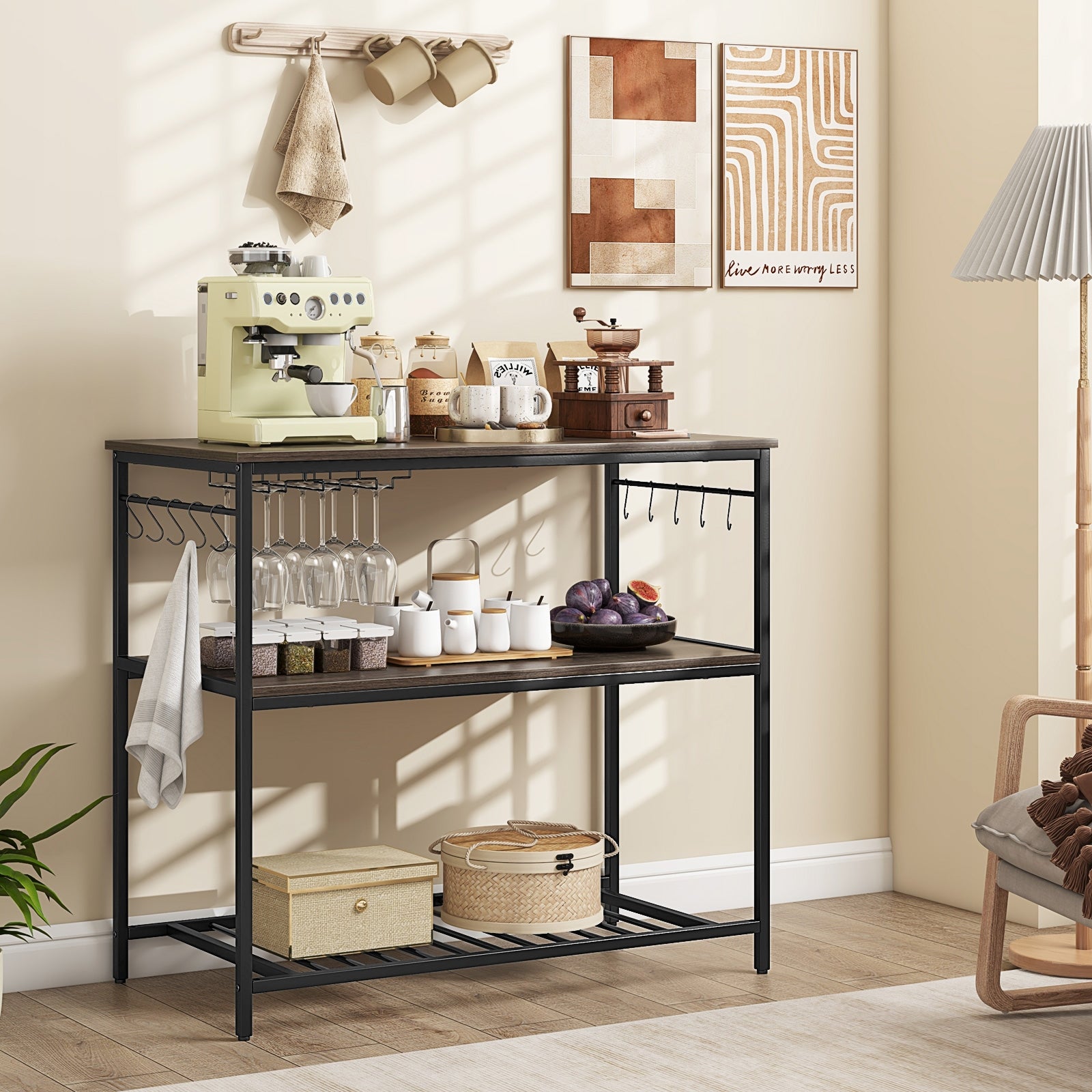 Kitchen Island With 3 Shelves, Wine Glass Holders, 10 Hooks, Gray Kitchen Islands & Carts at Gallery Canada