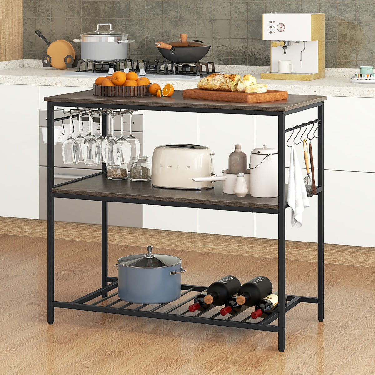 Kitchen Island With 3 Shelves, Wine Glass Holders, 10 Hooks, Gray Kitchen Islands & Carts at Gallery Canada