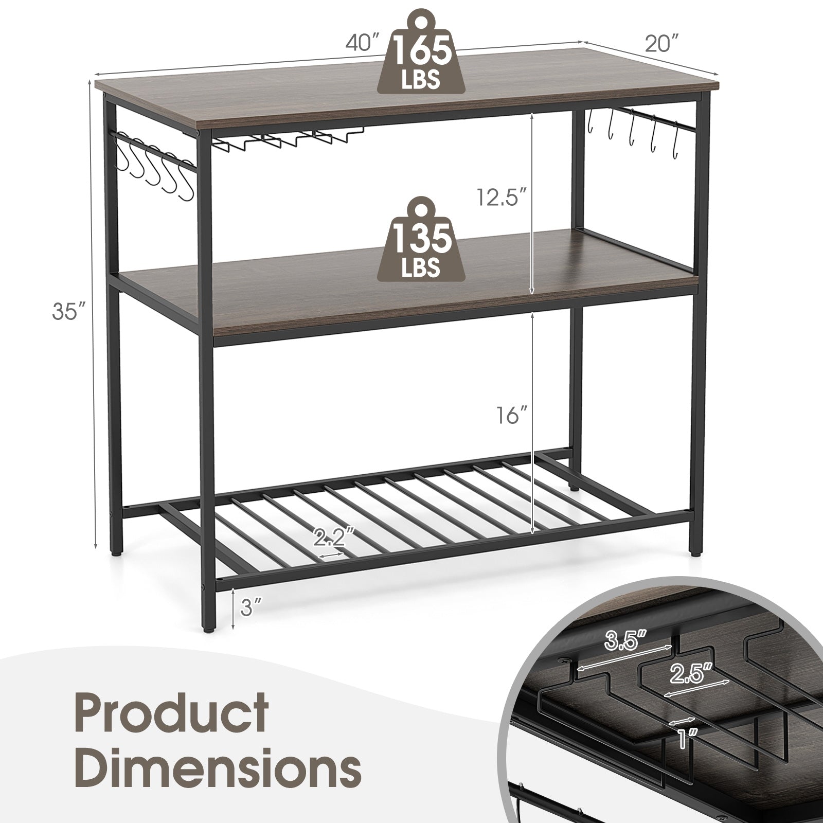 Kitchen Island With 3 Shelves, Wine Glass Holders, 10 Hooks, Gray Kitchen Islands & Carts at Gallery Canada