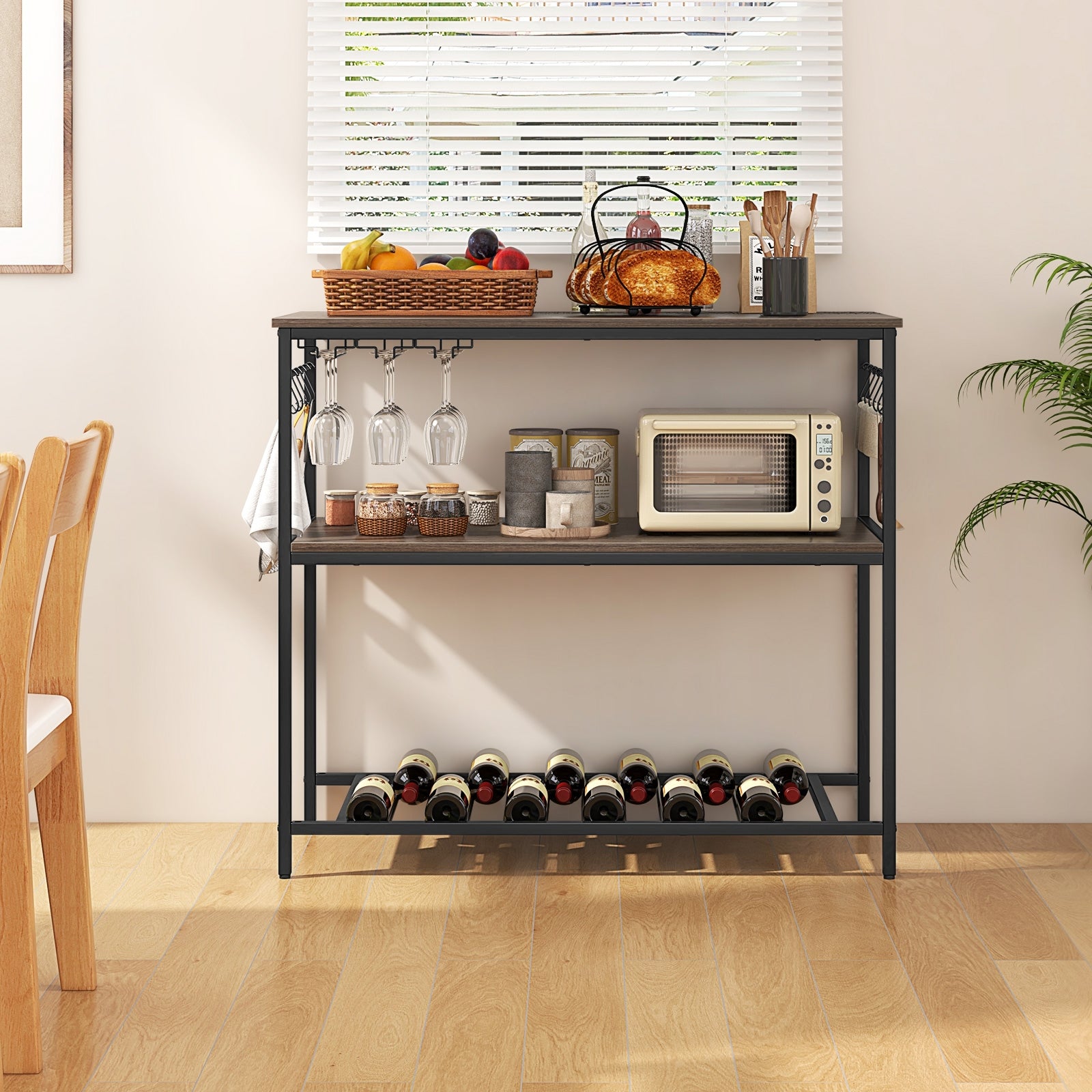Kitchen Island With 3 Shelves, Wine Glass Holders, 10 Hooks, Gray Kitchen Islands & Carts at Gallery Canada