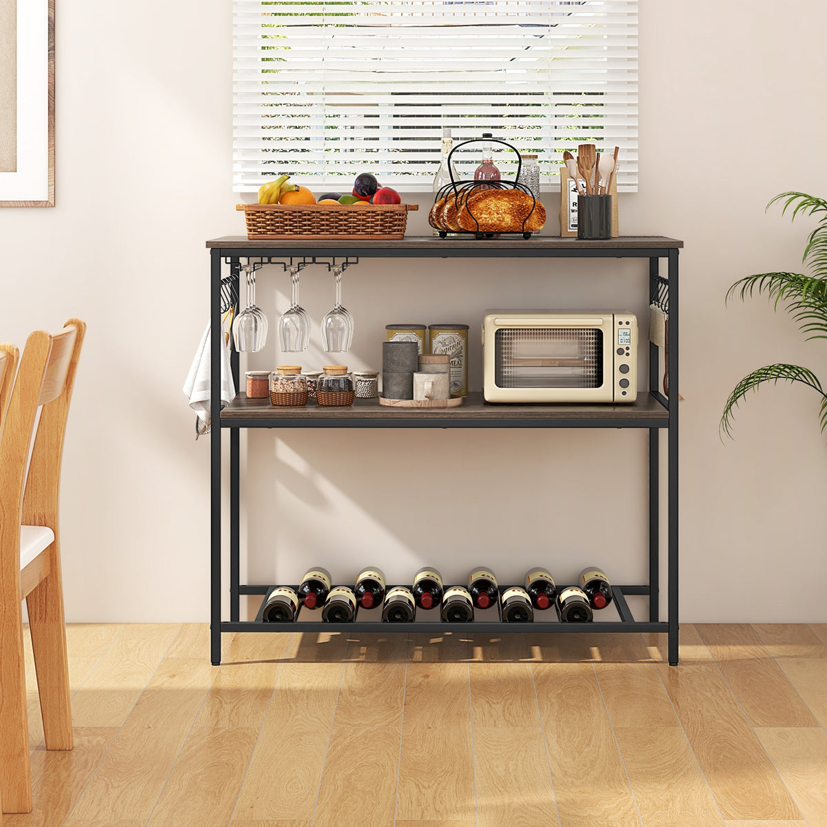 Kitchen Island With 3 Shelves, Wine Glass Holders, 10 Hooks, Gray Kitchen Islands & Carts at Gallery Canada