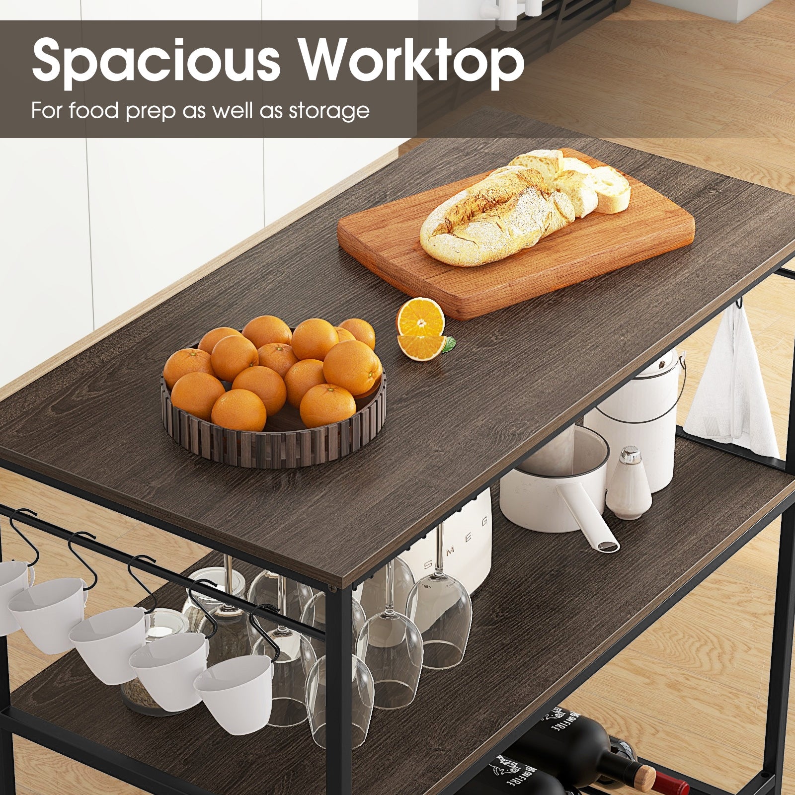 Kitchen Island With 3 Shelves, Wine Glass Holders, 10 Hooks, Gray Kitchen Islands & Carts at Gallery Canada