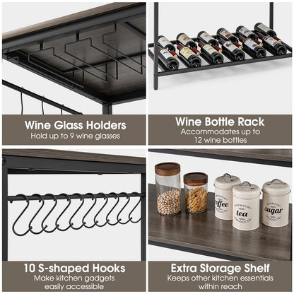 Kitchen Island With 3 Shelves, Wine Glass Holders, 10 Hooks, Gray Kitchen Islands & Carts at Gallery Canada