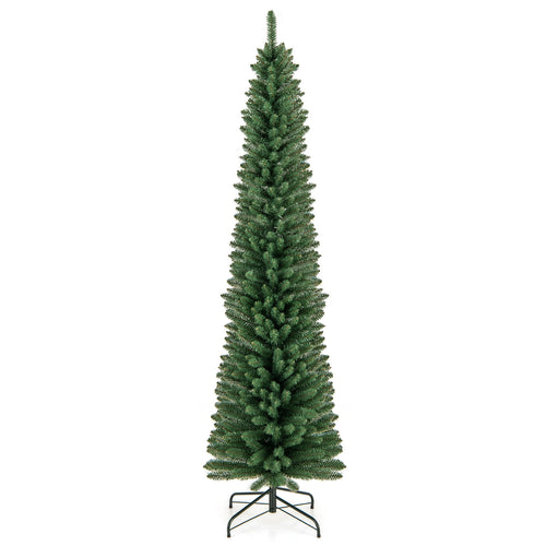 7 ft Pencil Christmas Tree, Memory Wire Tips, Metal Stand, Green