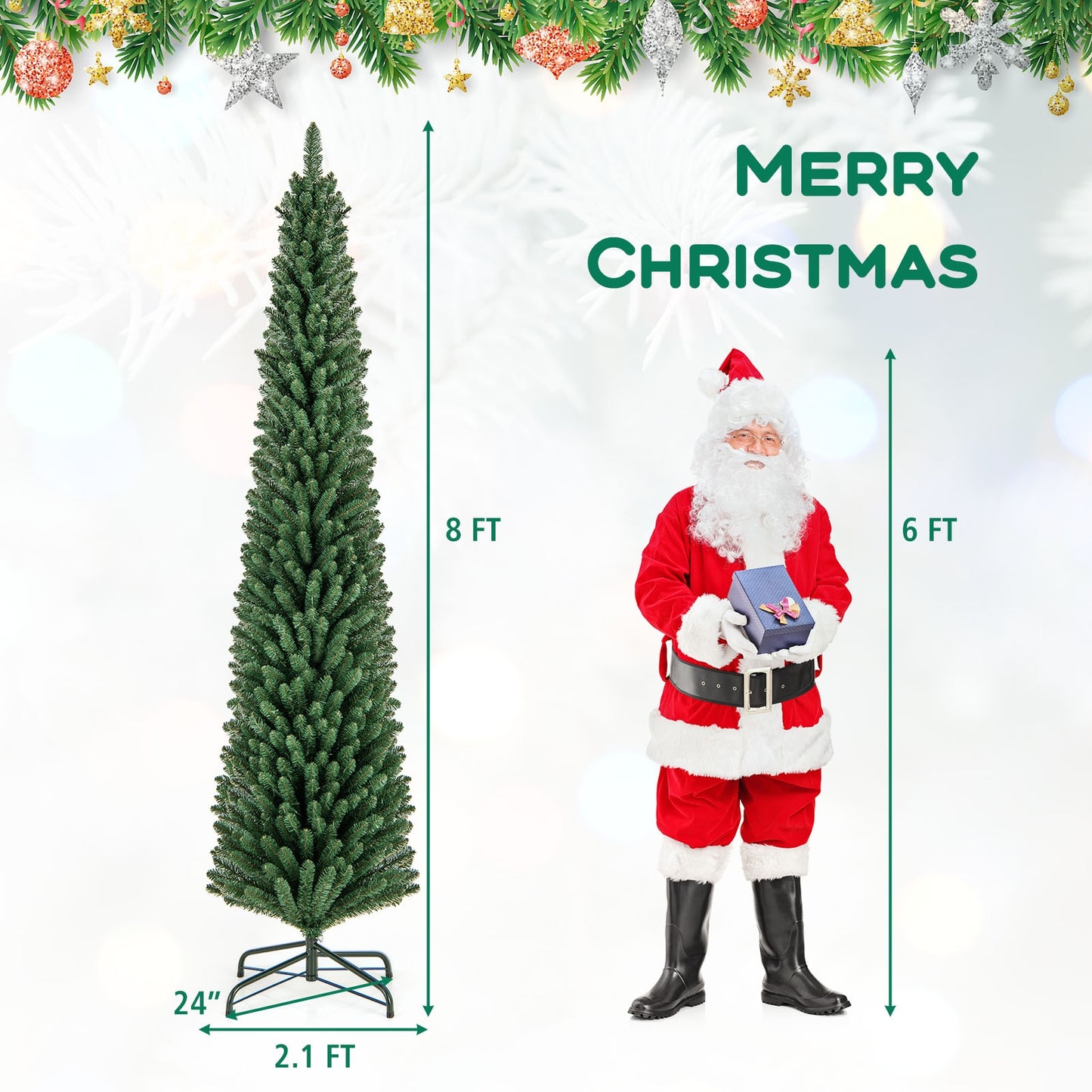 8 Ft Pencil Christmas Tree, Metal Stand, Memory Wire Branch Tips, Green Christmas Tree at Gallery Canada