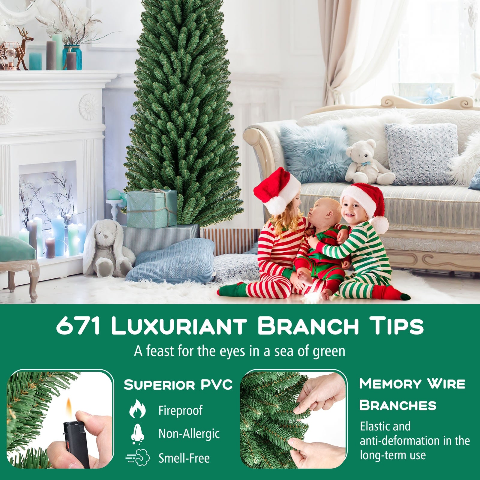 8 Ft Pencil Christmas Tree, Metal Stand, Memory Wire Branch Tips, Green Christmas Tree at Gallery Canada
