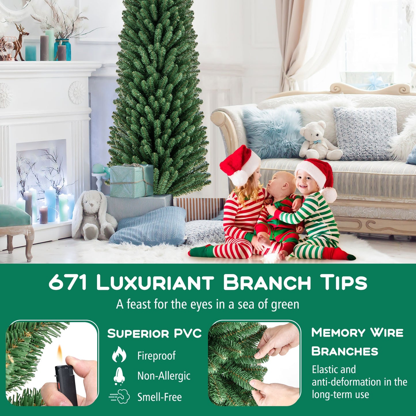 8 Ft Pencil Christmas Tree, Metal Stand, Memory Wire Branch Tips, Green Christmas Tree at Gallery Canada