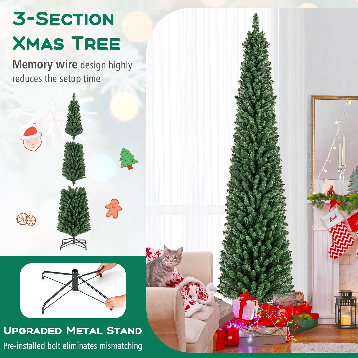 8 Ft Pencil Christmas Tree, Metal Stand, Memory Wire Branch Tips, Green Christmas Tree at Gallery Canada