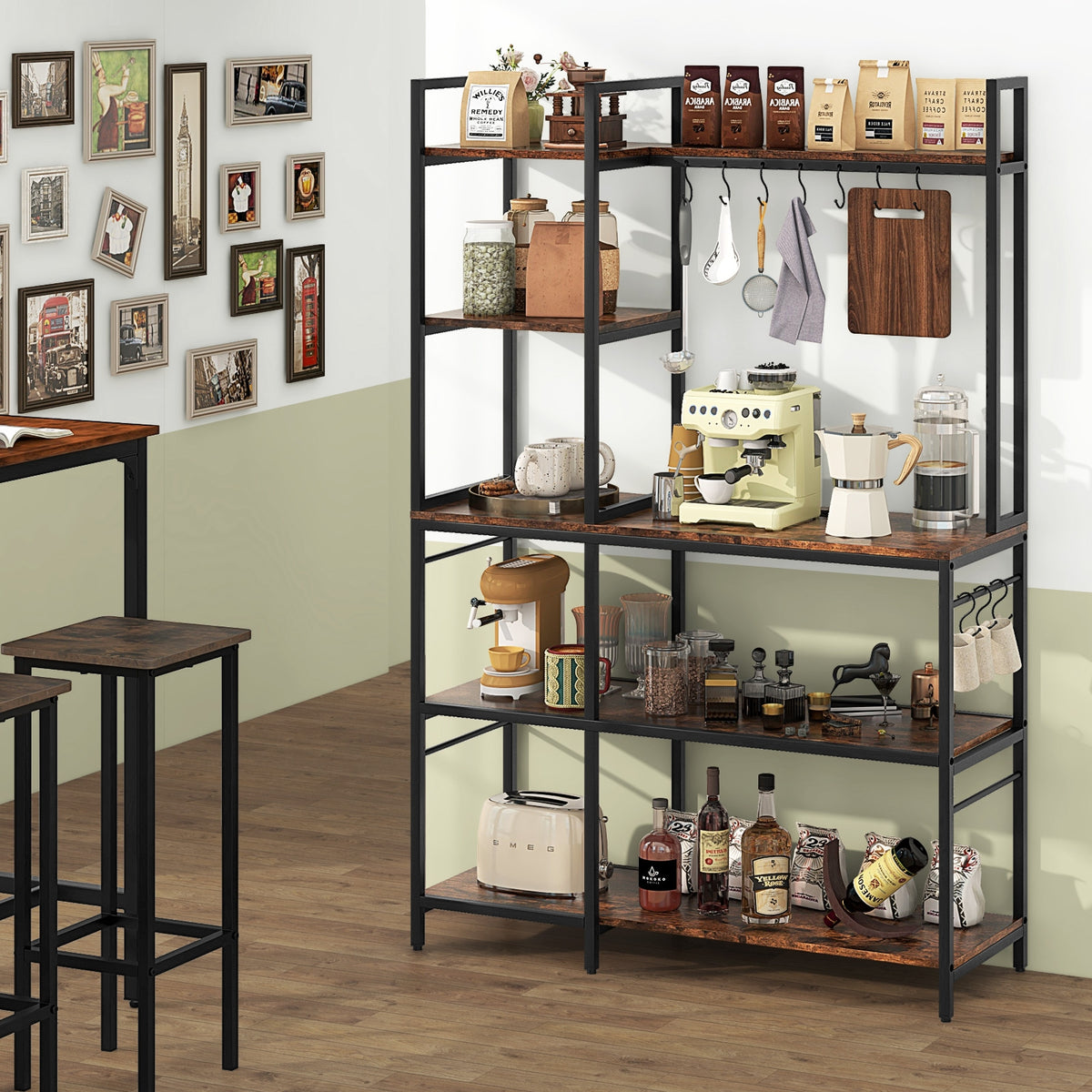 5-Tier Bakers Rack With Power Outlets, 10 S-Shaped Hooks, Rustic Brown Baker's Racks at Gallery Canada