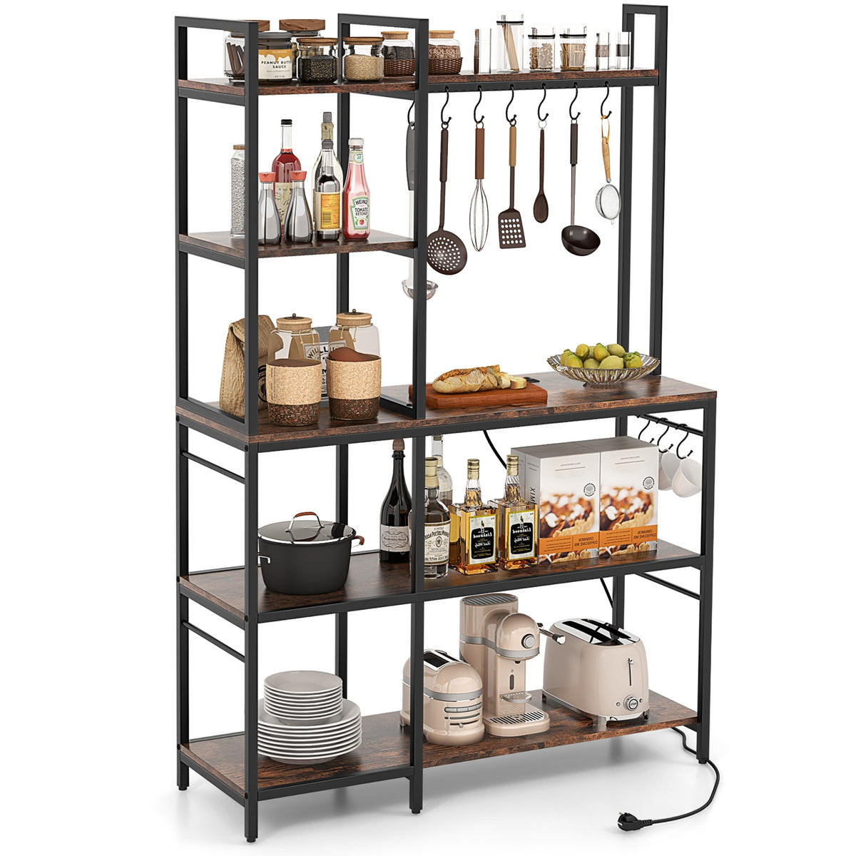 5-Tier Bakers Rack With Power Outlets, 10 S-Shaped Hooks, Rustic Brown Baker's Racks at Gallery Canada