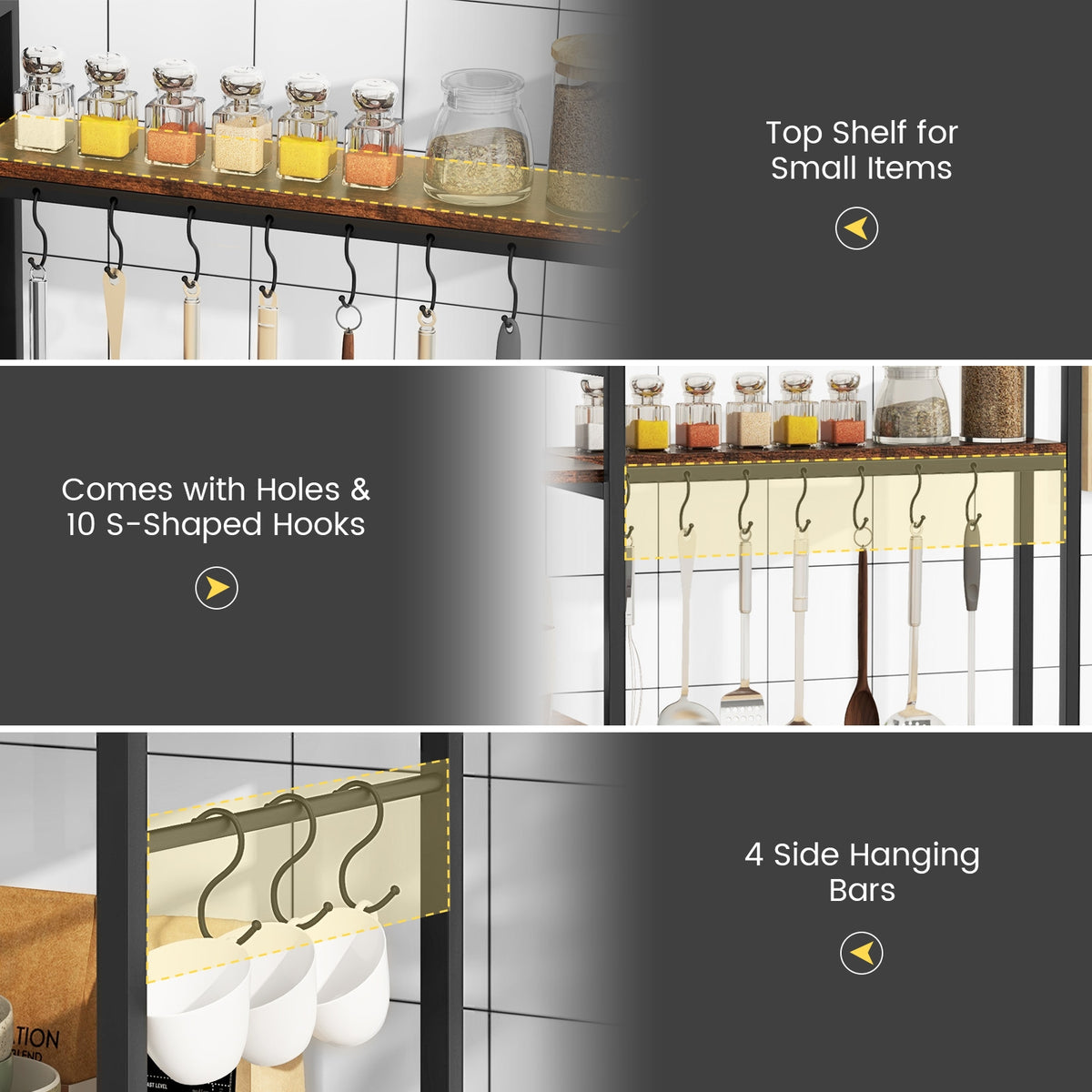 5-Tier Bakers Rack With Power Outlets, 10 S-Shaped Hooks, Rustic Brown Baker's Racks at Gallery Canada