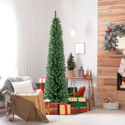 7FT Pencil Christmas Tree, Memory Wire Tips, Warm LED Lights, Green
