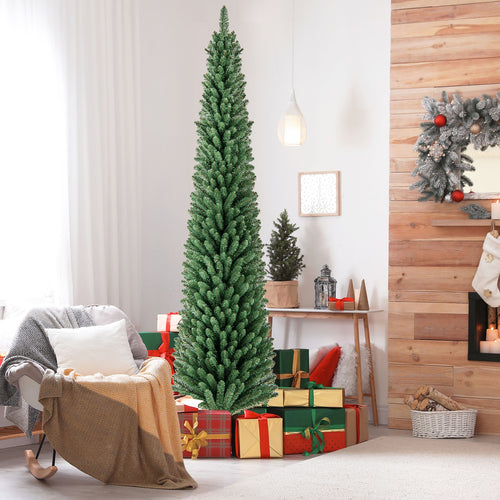 Pencil Christmas Tree With Memory Wire Branch Tips, Warm LED Lights, 8FT, Green