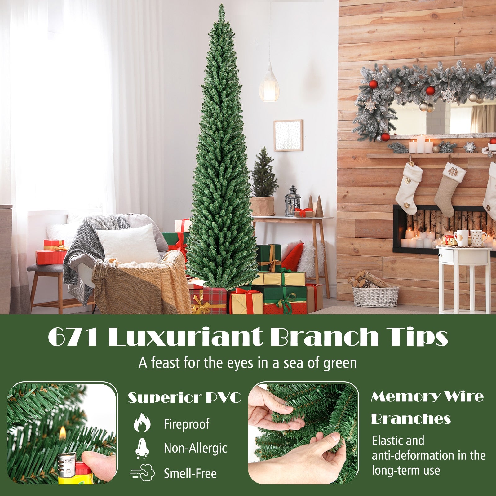 Pencil Christmas Tree With Memory Wire Branch Tips, Warm LED Lights, 8FT, Green Christmas Tree at Gallery Canada