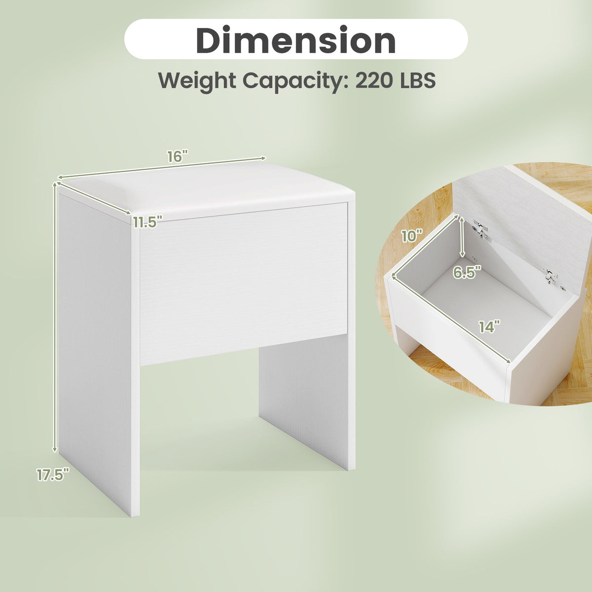 Vanity Stool With Flip Top Storage, Soft Padded Seat, White Ottomans at Gallery Canada