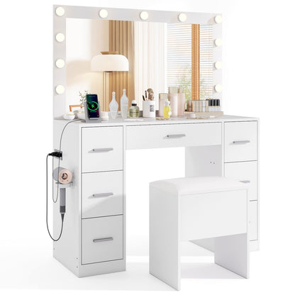43.5-Inch Vanity Desk With Mirror, Lights, White Makeup Vanities White at Gallery Canada
