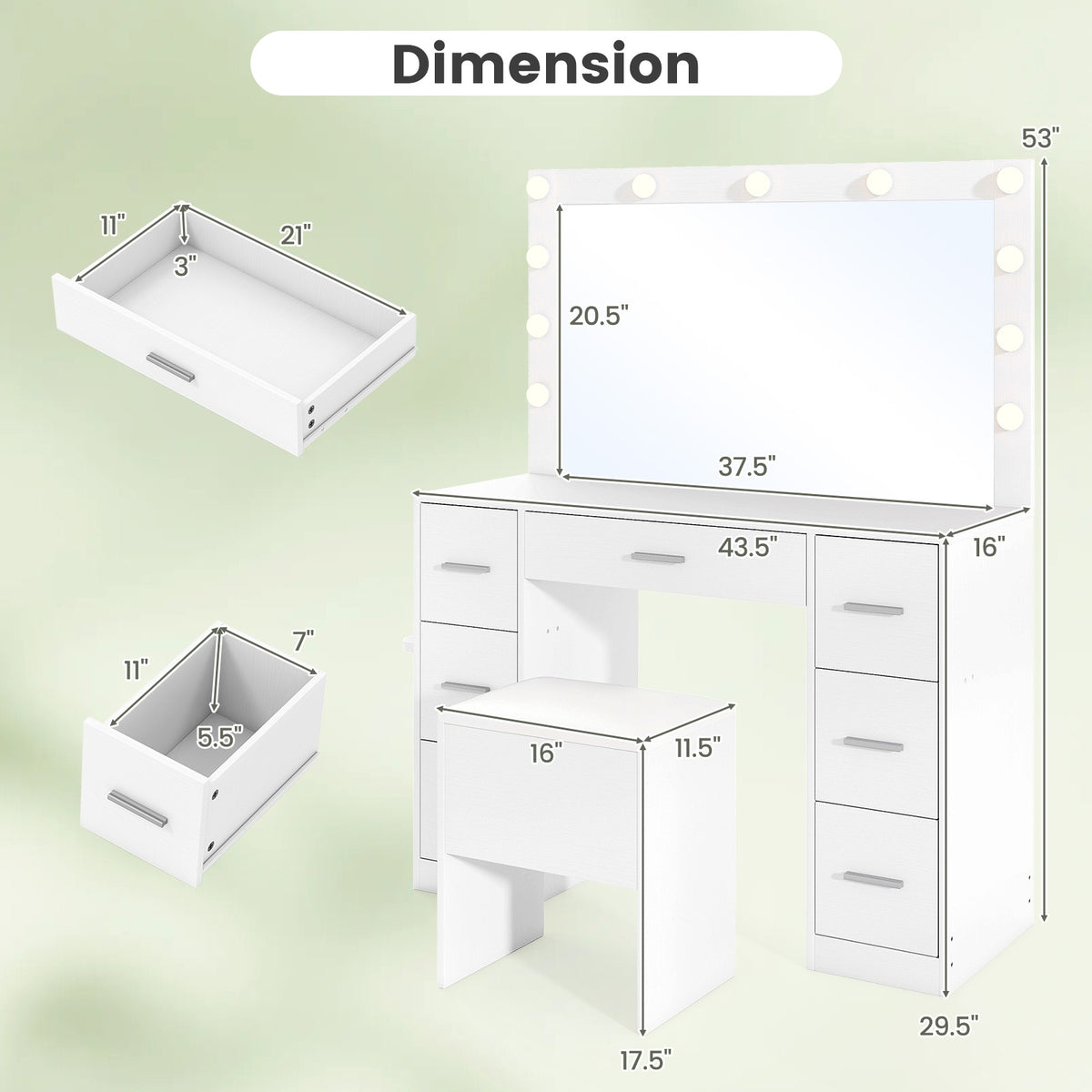 43.5-Inch Vanity Desk With Mirror, Lights, White Makeup Vanities at Gallery Canada
