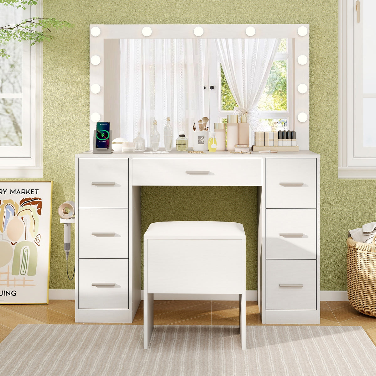 43.5-Inch Vanity Desk With Mirror, Lights, White Makeup Vanities at Gallery Canada