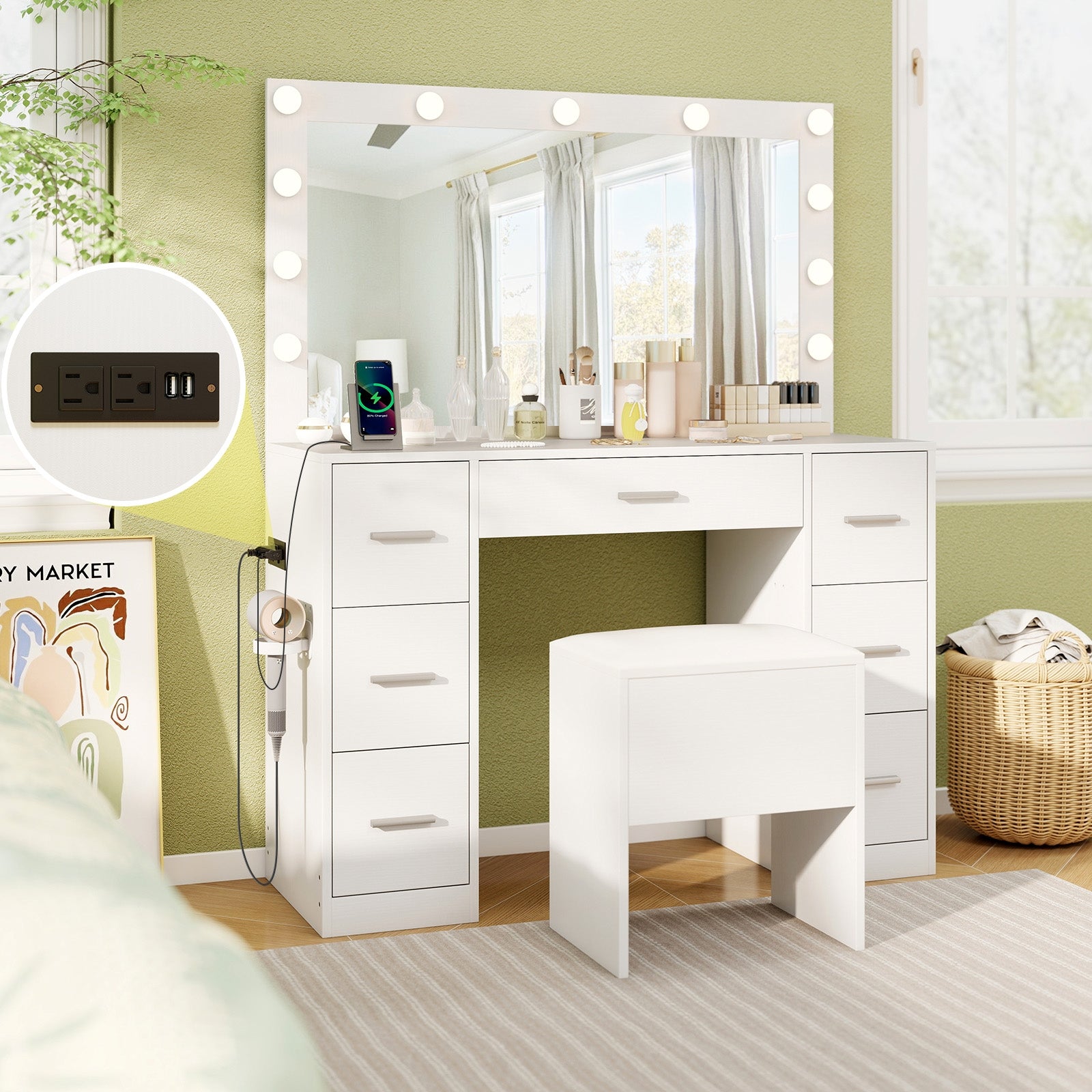 43.5-Inch Vanity Desk With Mirror, Lights, White Makeup Vanities at Gallery Canada