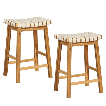 Faux PU Leather Bar Stools, Set Of 2, Woven Curved Seat, 25.5 Inches, Natural Bar Stools Natural at Gallery Canada
