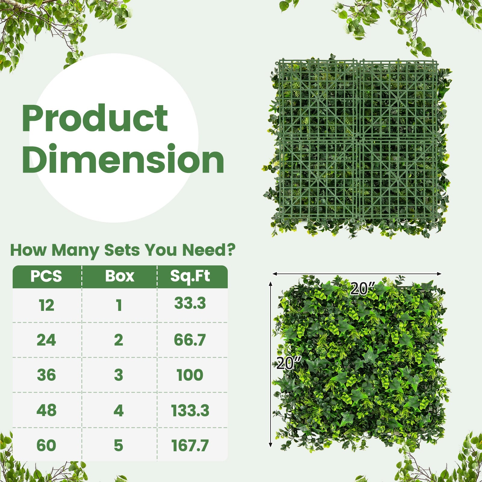 12 Pieces 20 x 20 Inch Artificial Greenery Foliage Panels, Green Decorative Fencing & Flooring at Gallery Canada