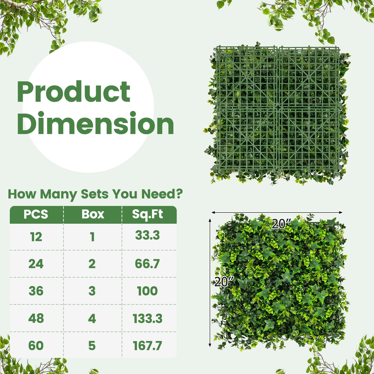 12 Pieces 20 x 20 Inch Artificial Greenery Foliage Panels, Green Decorative Fencing & Flooring at Gallery Canada