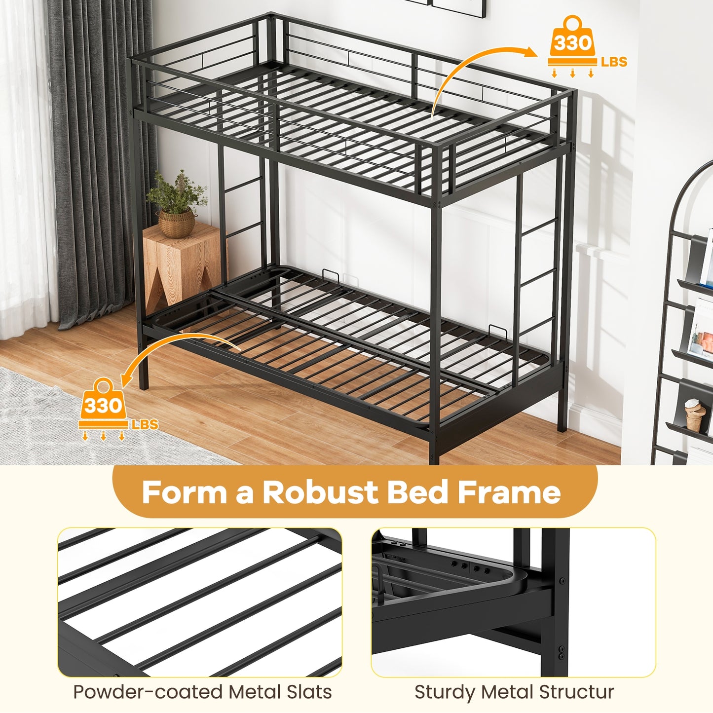 Twin Over Futon Bunk Bed, 2 Ladders, Safety Guardrails, Black Trundle Bed Frame at Gallery Canada
