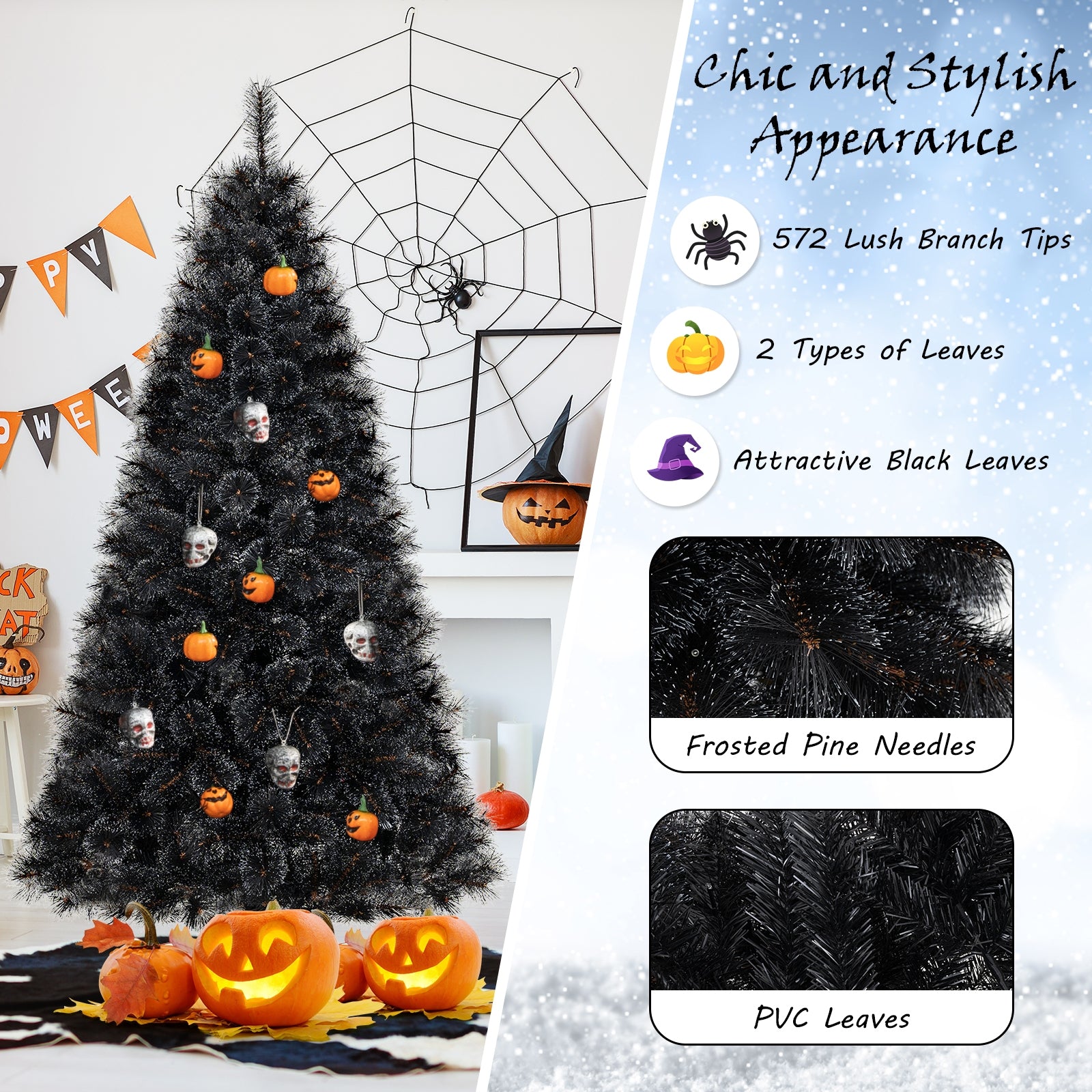 6/7/8 Feet Artificial Halloween Christmas Tree, PVC Branch Tips, 210/320/450 Cool White LED Lights, Black Christmas Tree at Gallery Canada
