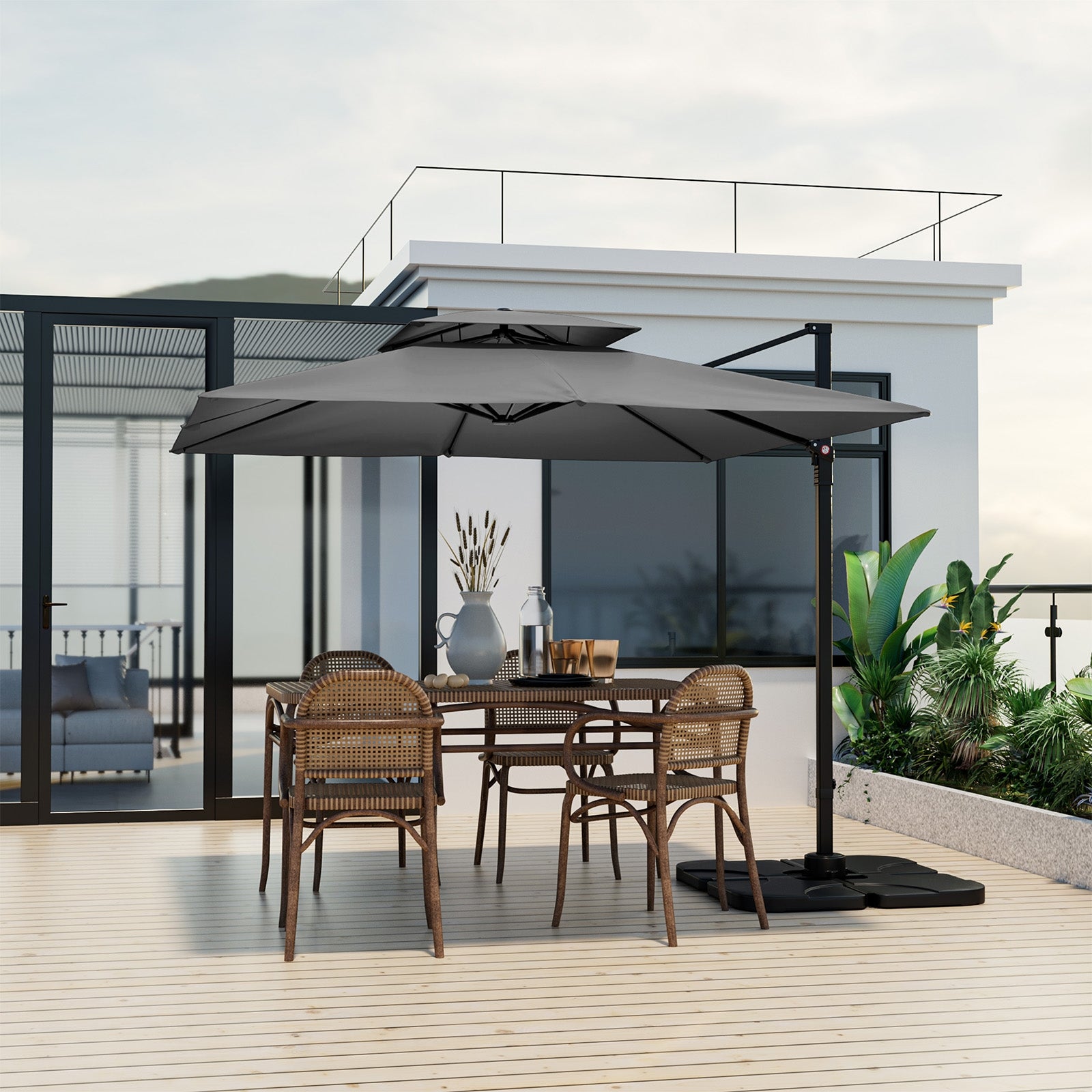9.5 Feet Cantilever Patio Umbrella, 360° Rotation, Double Top, Gray Outdoor Umbrellas at Gallery Canada